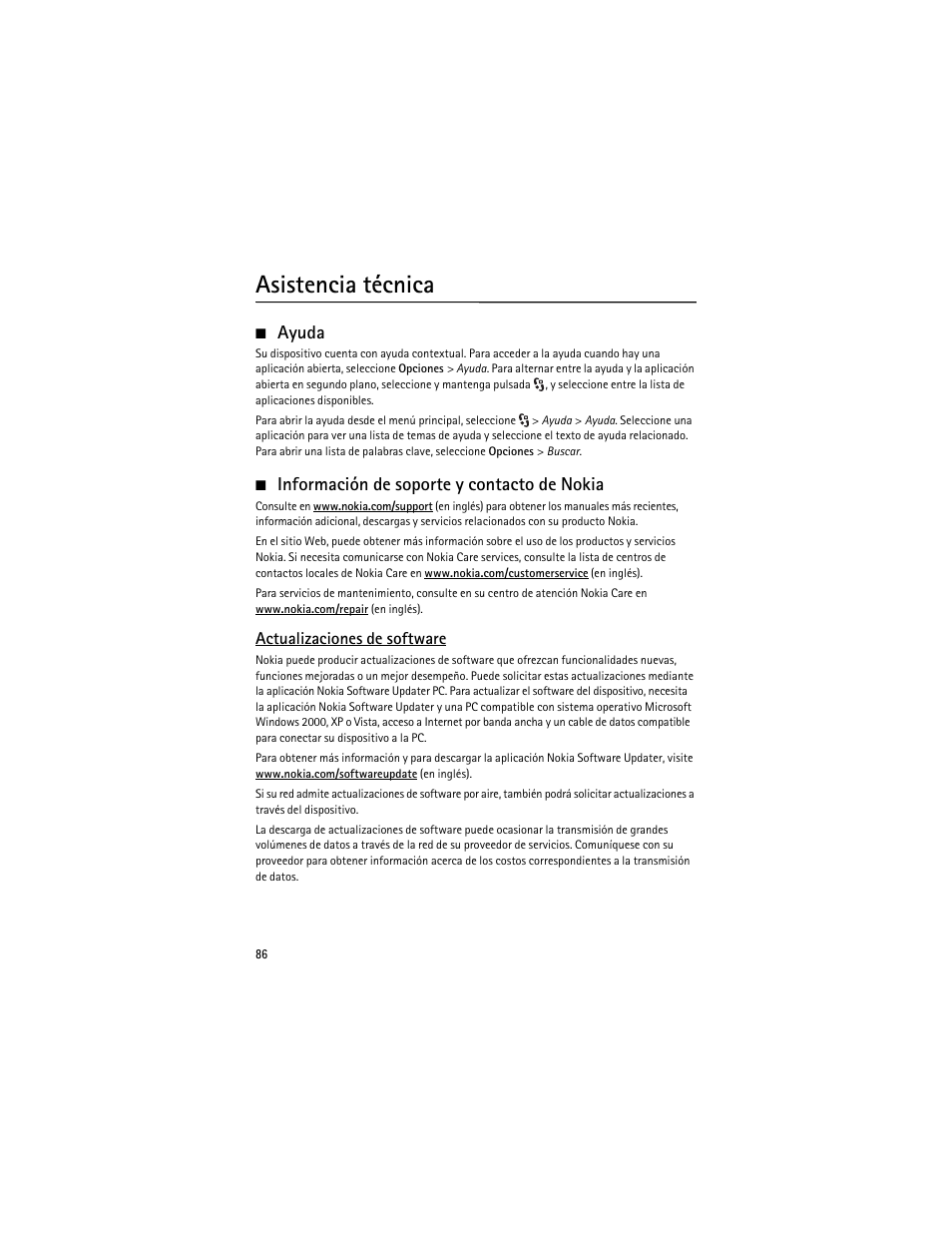 Asistencia técnica, Ayuda, Información de soporte y contacto de nokia | Ayuda información de soporte y contacto de nokia | Nokia 6210 Navigator User Manual | Page 87 / 162