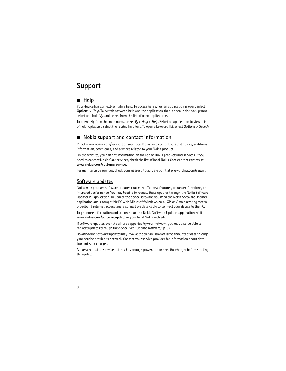 Support, Help, Nokia support and contact information | Help nokia support and contact information | Nokia 6210 Navigator User Manual | Page 9 / 162