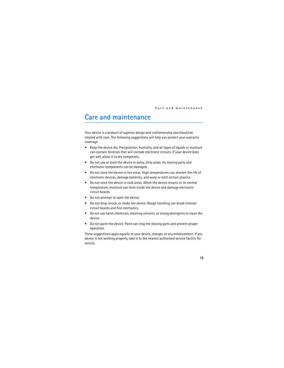 Care and maintenance | Nokia Bluetooth Headset BH-703 User Manual | Page 19 / 20