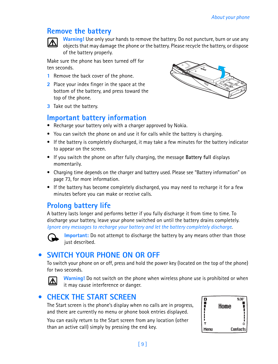 Remove the battery, Important battery information, Prolong battery life | Switch your phone on or off, Check the start screen, Switch your phone on or off check the start screen | Nokia 3585i User Manual | Page 13 / 97