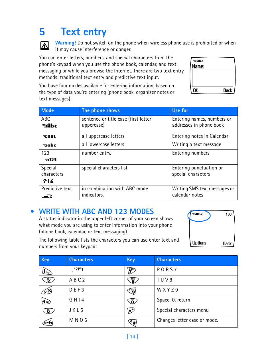 5 text entry, Write with abc and 123 modes, Text entry | 5text entry | Nokia 3585i User Manual | Page 18 / 97