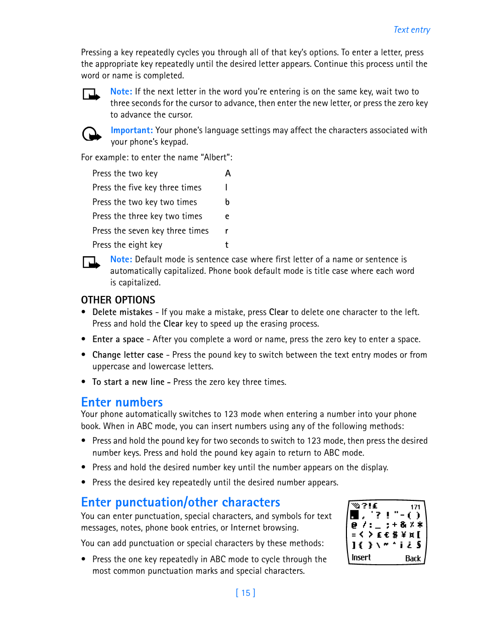 Enter numbers, Enter punctuation/other characters | Nokia 3585i User Manual | Page 19 / 97