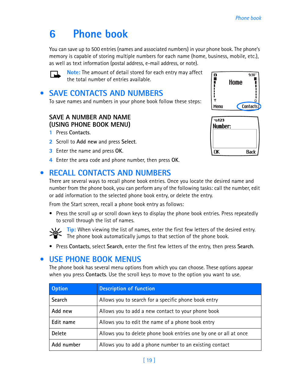6 phone book, Save contacts and numbers, Recall contacts and numbers | Use phone book menus, Phone book, 6phone book | Nokia 3585i User Manual | Page 23 / 97