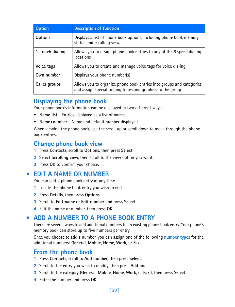 Displaying the phone book, Change phone book view, Edit a name or number | Add a number to a phone book entry, From the phone book | Nokia 3585i User Manual | Page 24 / 97