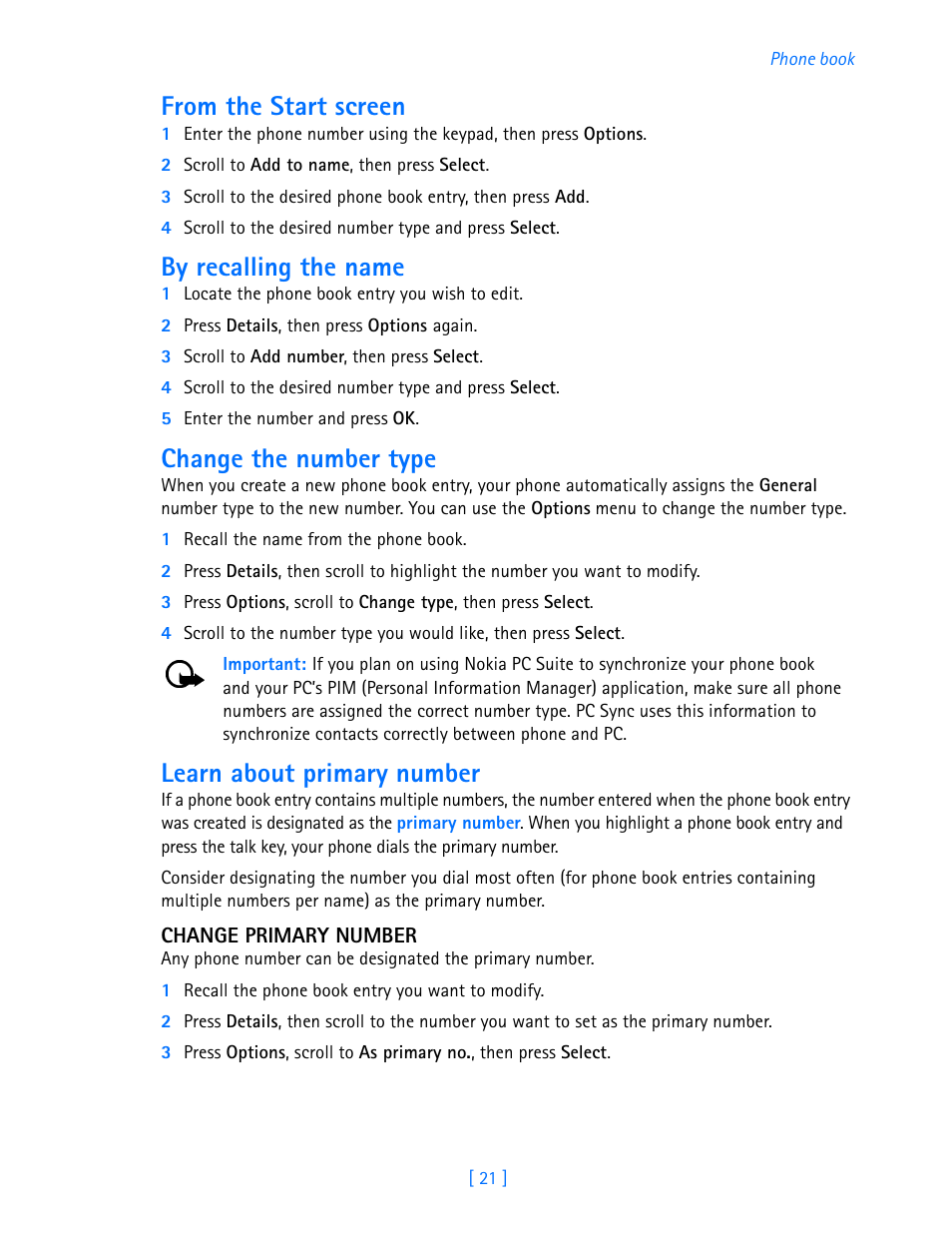 From the start screen, By recalling the name, Change the number type | Learn about primary number | Nokia 3585i User Manual | Page 25 / 97