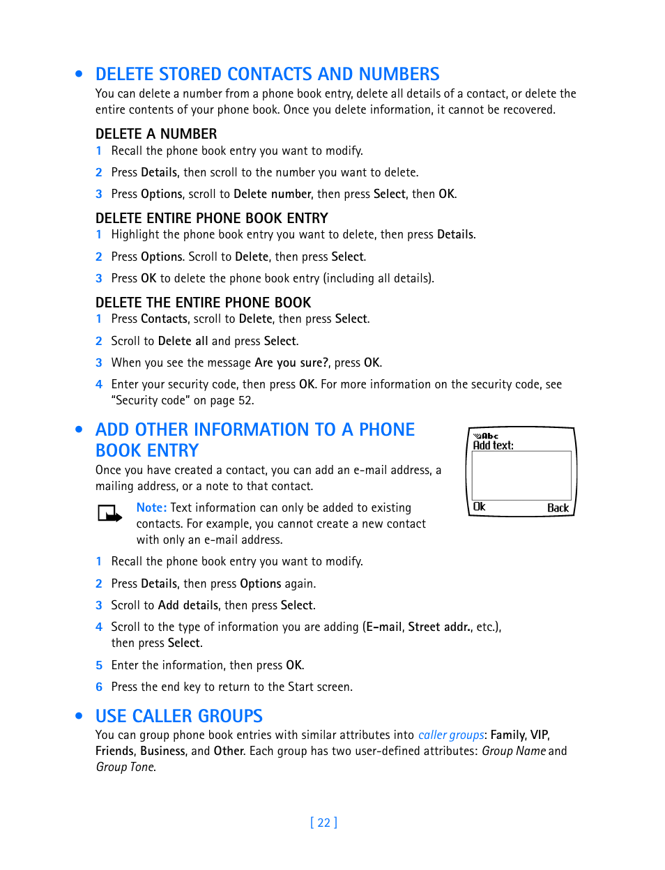 Delete stored contacts and numbers, Add other information to a phone book entry, Use caller groups | Entry | Nokia 3585i User Manual | Page 26 / 97