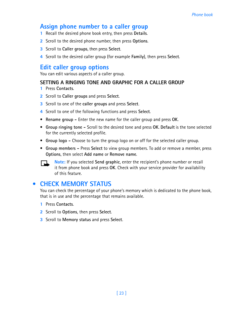 Assign phone number to a caller group, Edit caller group options, Check memory status | Nokia 3585i User Manual | Page 27 / 97