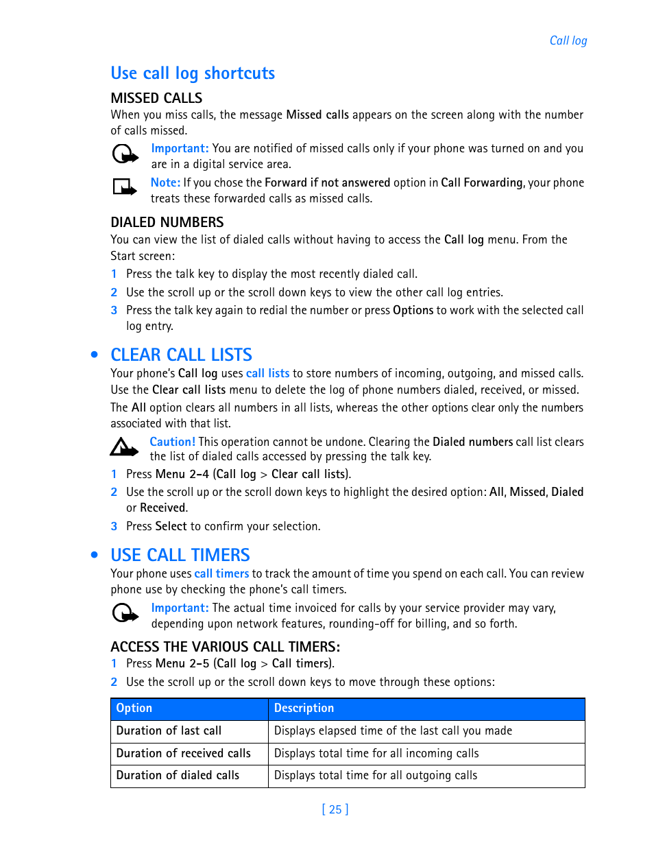 Use call log shortcuts, Clear call lists, Use call timers | Clear call lists use call timers | Nokia 3585i User Manual | Page 29 / 97