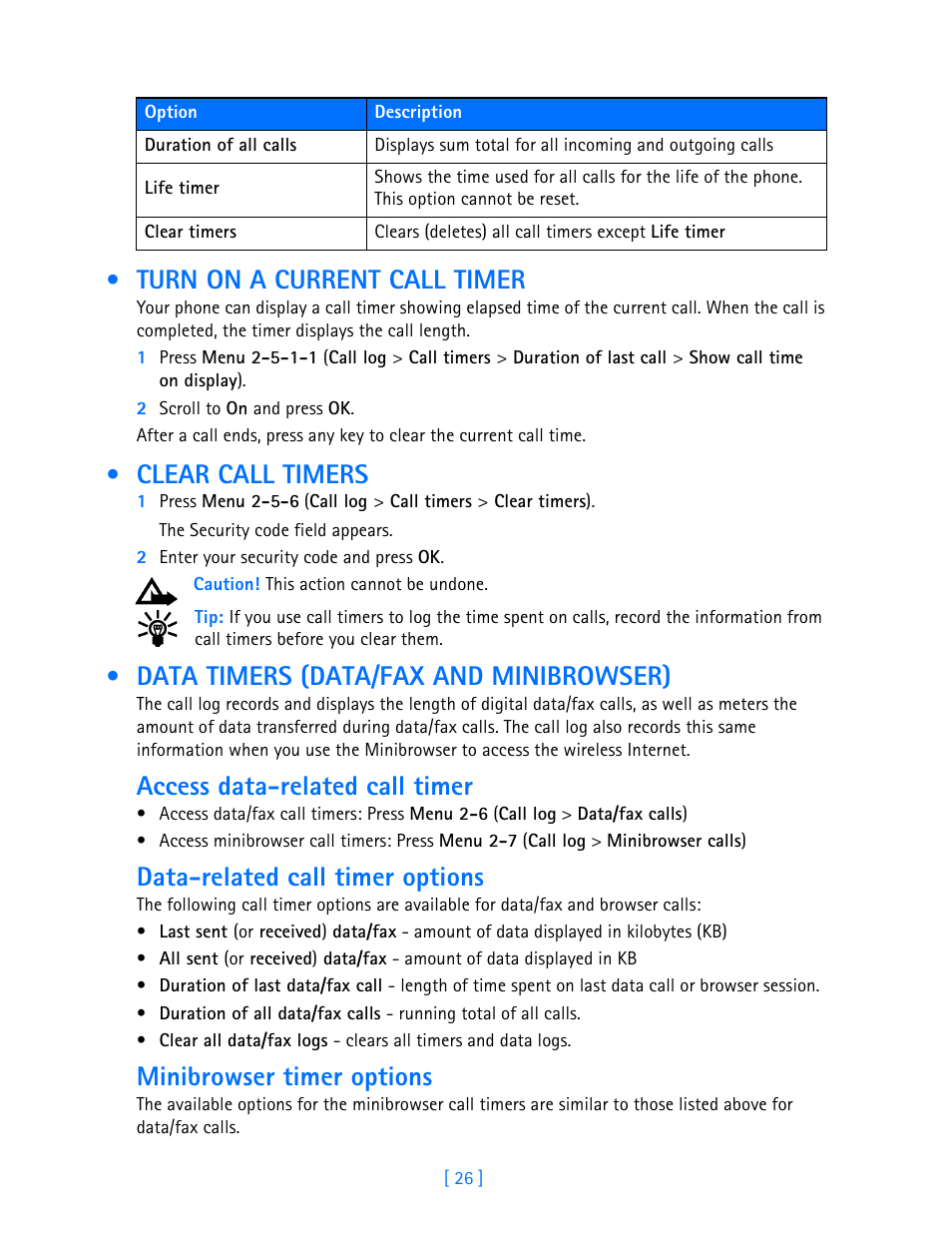 Turn on a current call timer, Clear call timers, Data timers (data/fax and minibrowser) | Access data-related call timer, Data-related call timer options, Minibrowser timer options | Nokia 3585i User Manual | Page 30 / 97