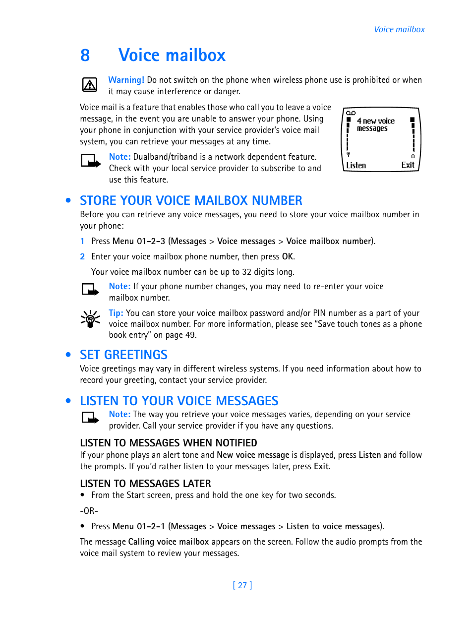 8 voice mailbox, Store your voice mailbox number, Set greetings | Listen to your voice messages, Voice mailbox, 8voice mailbox | Nokia 3585i User Manual | Page 31 / 97