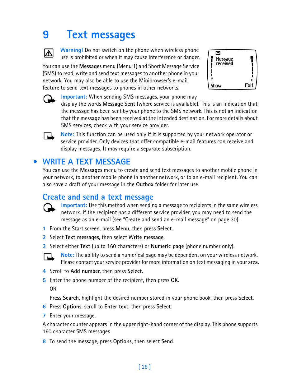 9 text messages, Write a text message, Create and send a text message | Text messages, 9text messages | Nokia 3585i User Manual | Page 32 / 97