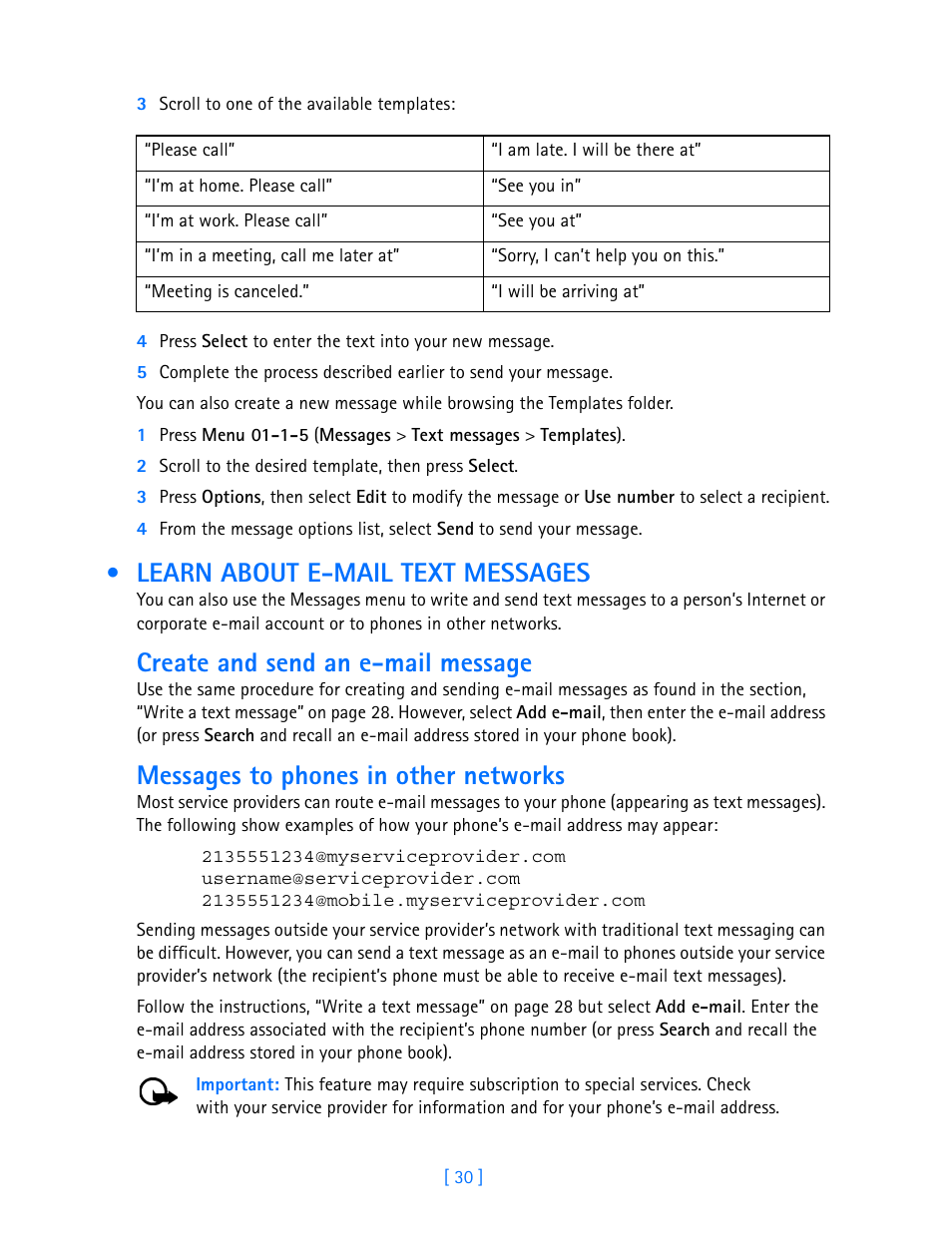 Learn about e-mail text messages, Create and send an e-mail message, Messages to phones in other networks | Nokia 3585i User Manual | Page 34 / 97