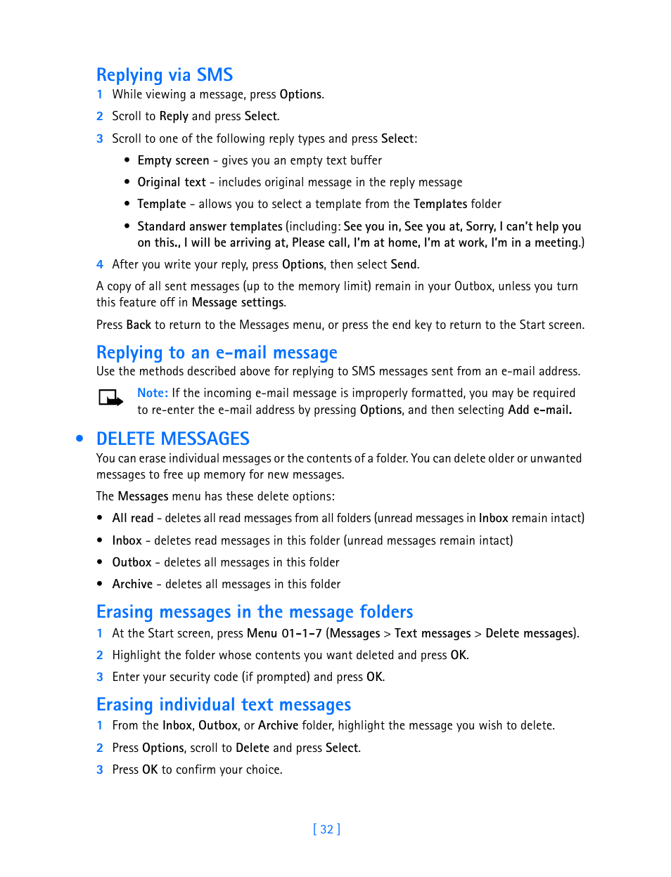 Replying via sms, Replying to an e-mail message, Delete messages | Erasing messages in the message folders, Erasing individual text messages | Nokia 3585i User Manual | Page 36 / 97