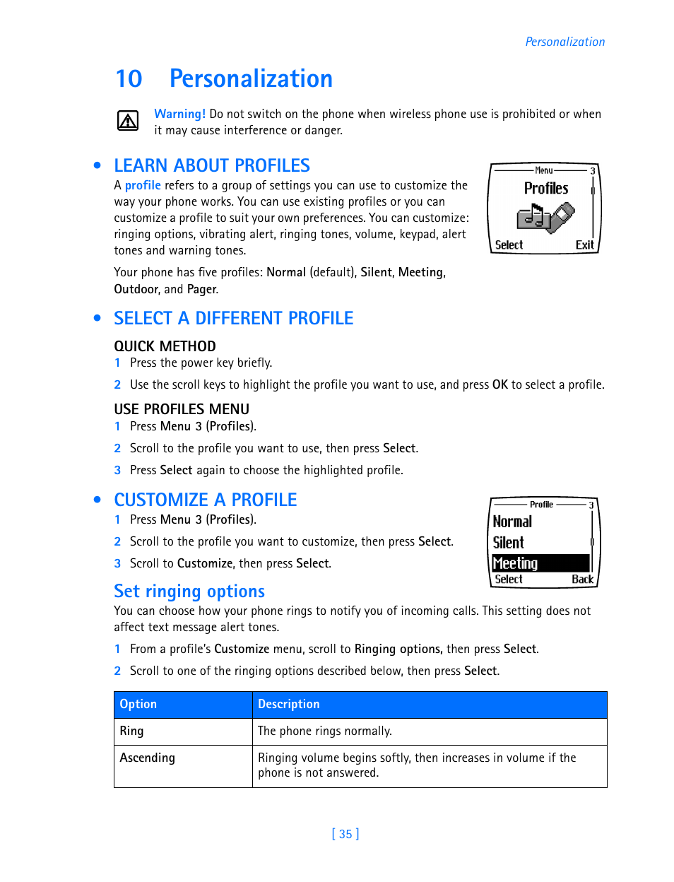 10 personalization, Learn about profiles, Select a different profile | Customize a profile, Set ringing options, Personalization | Nokia 3585i User Manual | Page 39 / 97