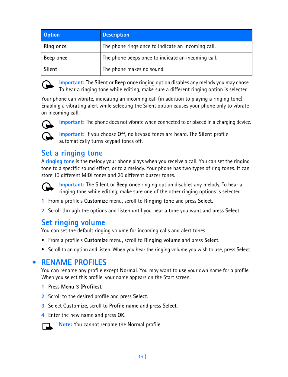 Set a ringing tone, Set ringing volume, Rename profiles | Nokia 3585i User Manual | Page 40 / 97