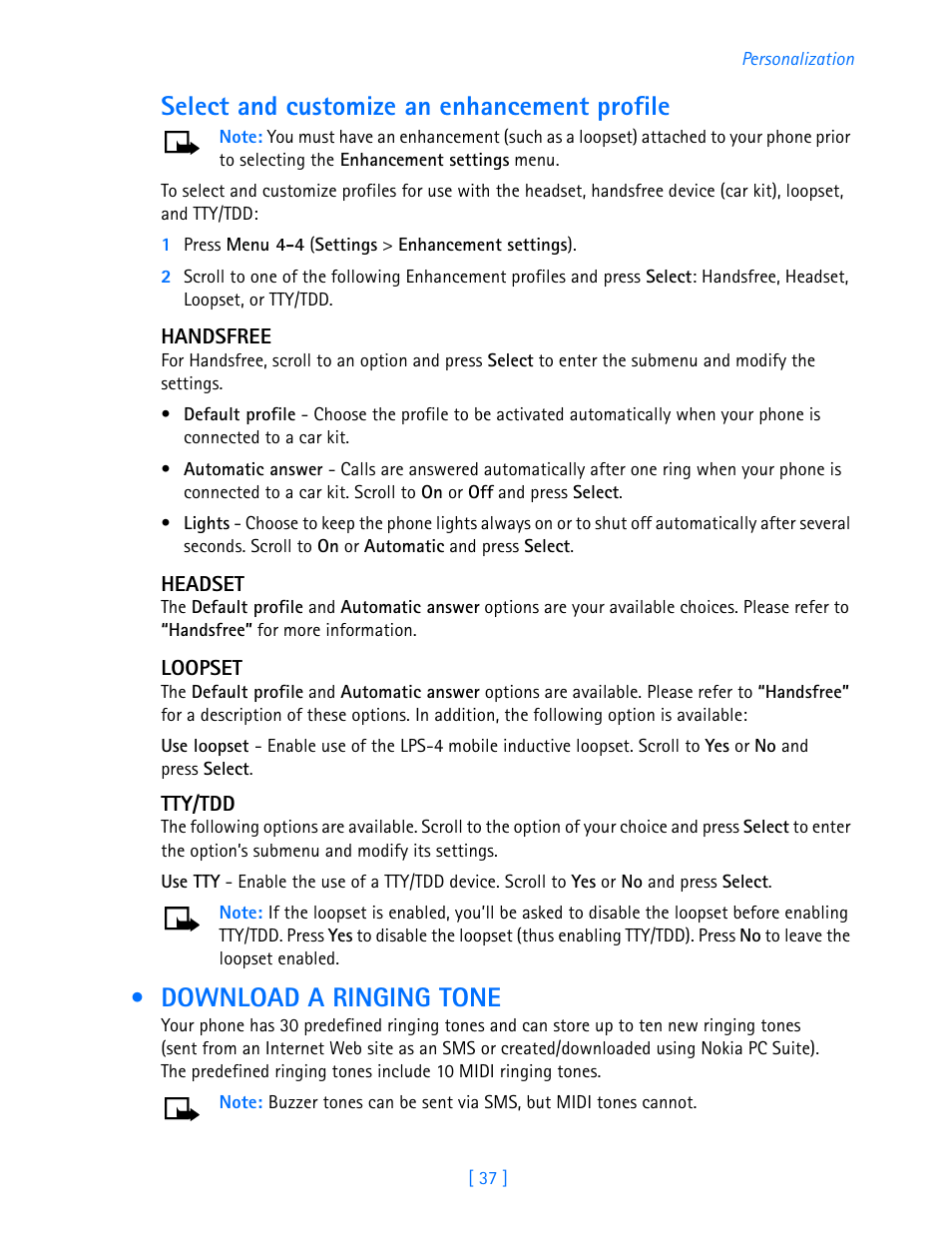 Select and customize an enhancement profile, Download a ringing tone | Nokia 3585i User Manual | Page 41 / 97