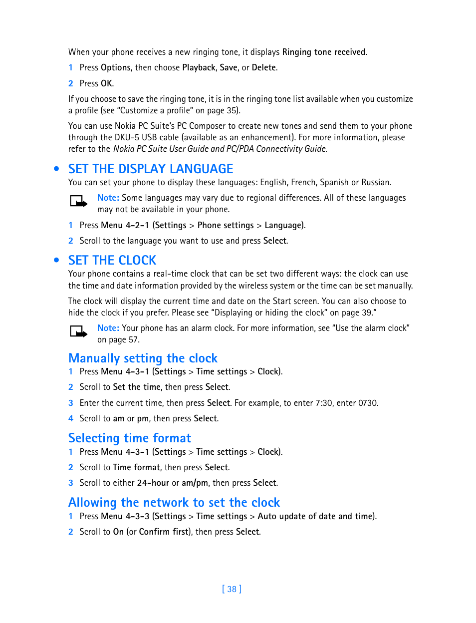 Set the display language, Set the clock, Manually setting the clock | Selecting time format, Allowing the network to set the clock, Set the display language set the clock | Nokia 3585i User Manual | Page 42 / 97