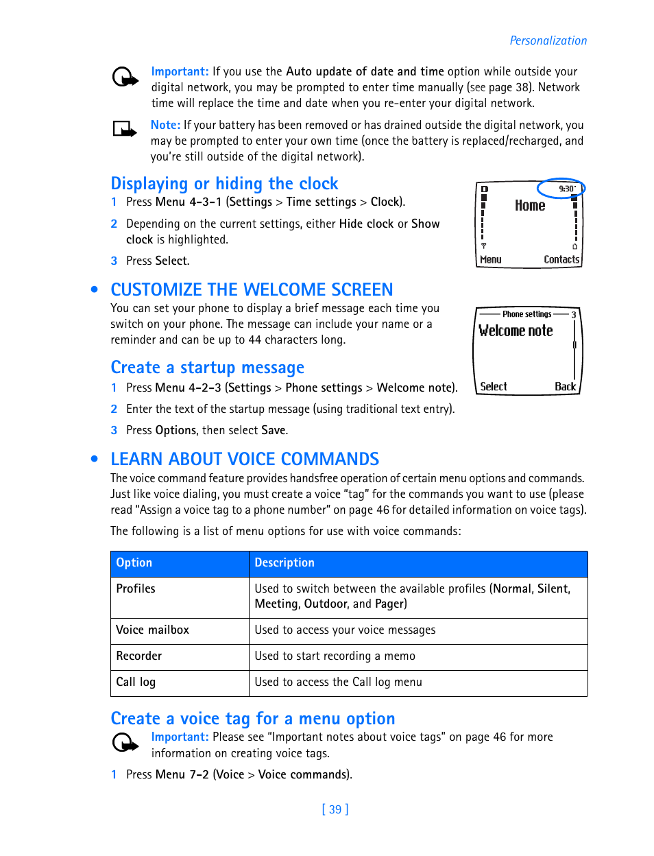 Displaying or hiding the clock, Customize the welcome screen, Create a startup message | Learn about voice commands, Create a voice tag for a menu option | Nokia 3585i User Manual | Page 43 / 97