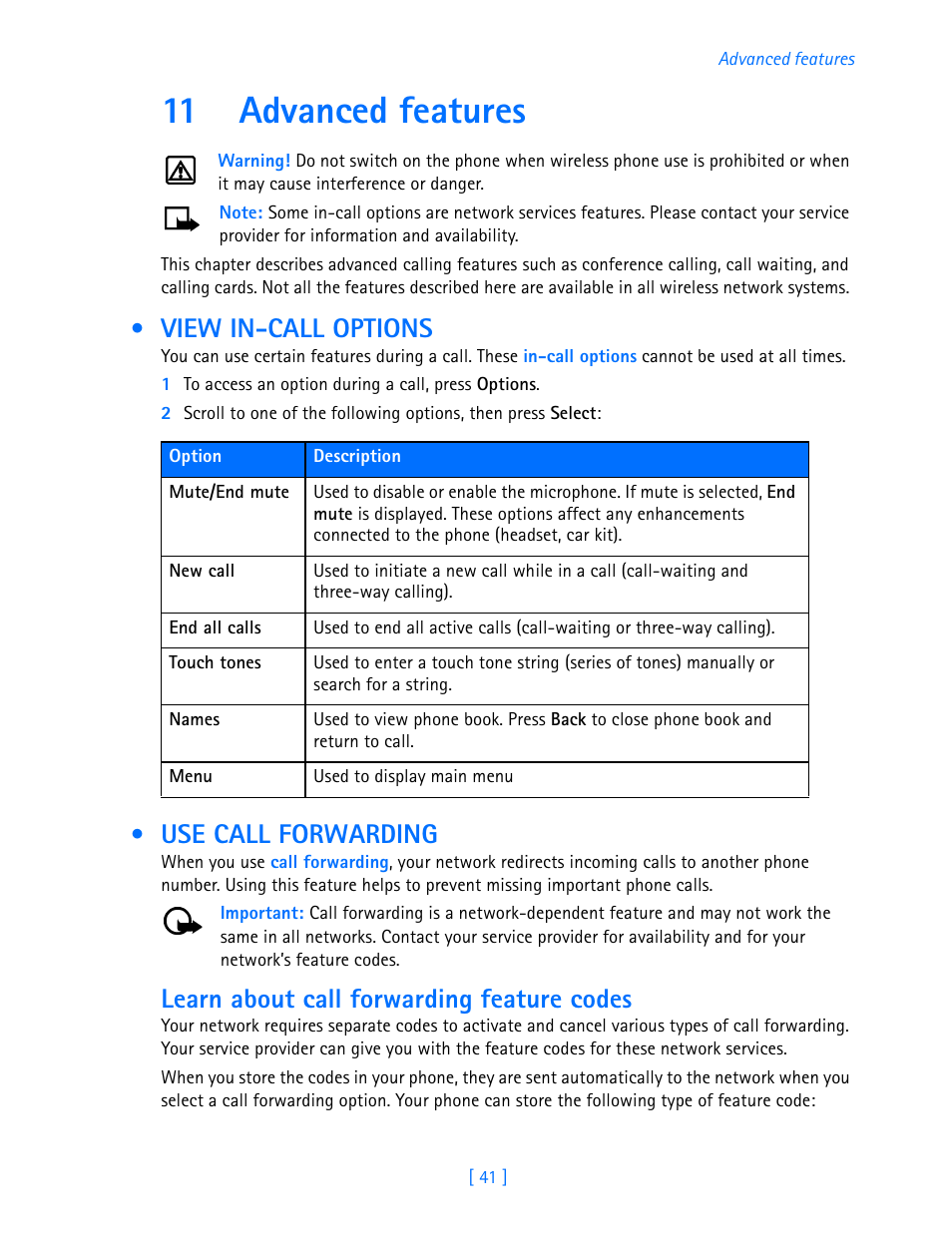 11 advanced features, View in-call options, Use call forwarding | Learn about call forwarding feature codes, Advanced features, View in-call options use call forwarding | Nokia 3585i User Manual | Page 45 / 97