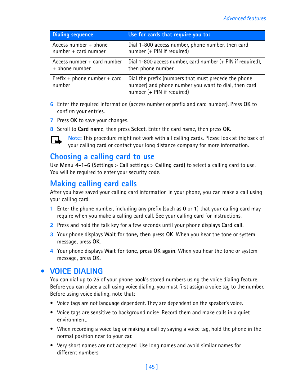 Choosing a calling card to use, Making calling card calls, Voice dialing | Nokia 3585i User Manual | Page 49 / 97