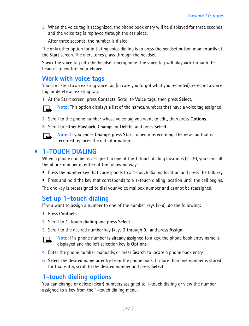 Work with voice tags, Touch dialing, Set up 1-touch dialing | Touch dialing options | Nokia 3585i User Manual | Page 51 / 97