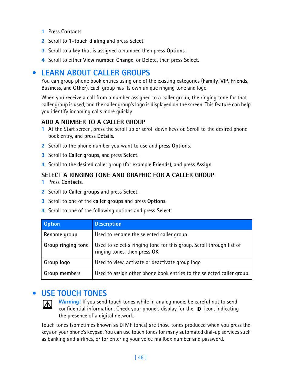 Learn about caller groups, Use touch tones, Learn about caller groups use touch tones | Nokia 3585i User Manual | Page 52 / 97