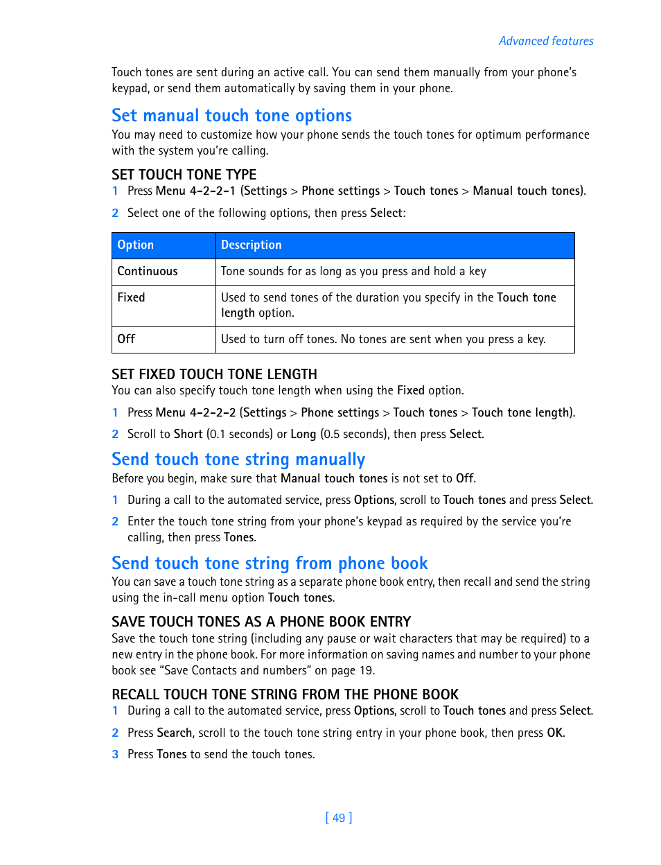 Set manual touch tone options, Send touch tone string manually, Send touch tone string from phone book | Nokia 3585i User Manual | Page 53 / 97