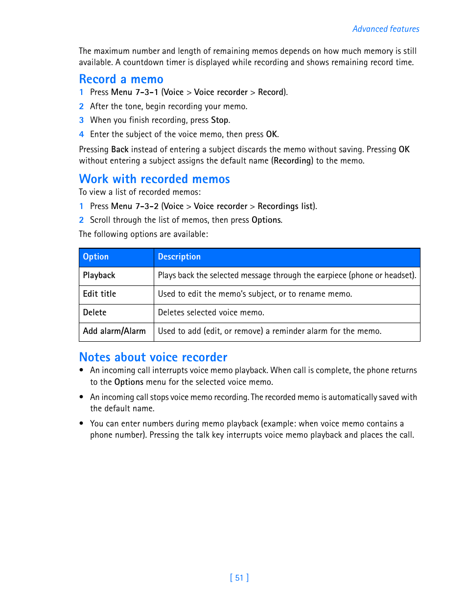 Record a memo, Work with recorded memos, Notes about voice recorder | Nokia 3585i User Manual | Page 55 / 97