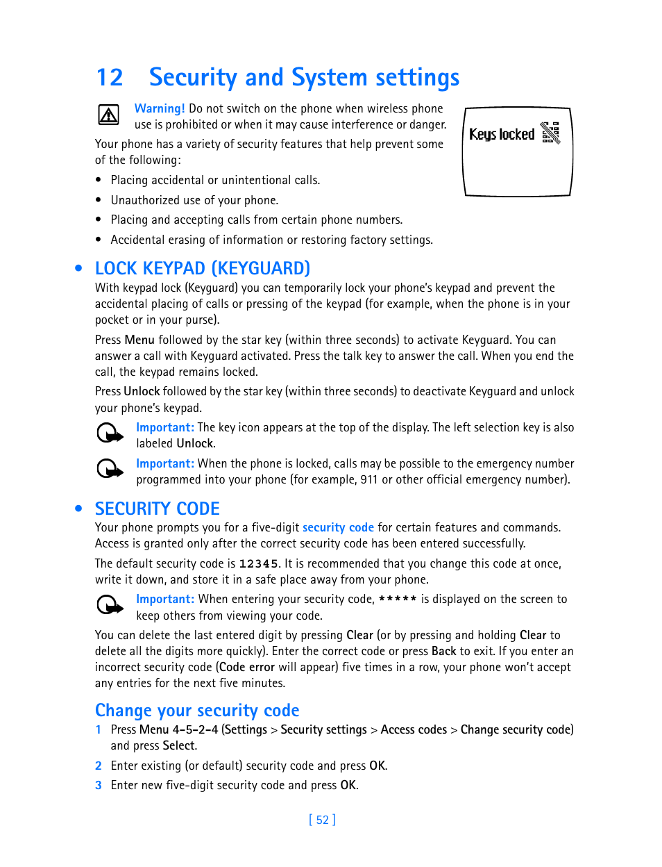 12 security and system settings, Lock keypad (keyguard), Security code | Change your security code, Security and system settings . 52, Lock keypad (keyguard) security code | Nokia 3585i User Manual | Page 56 / 97