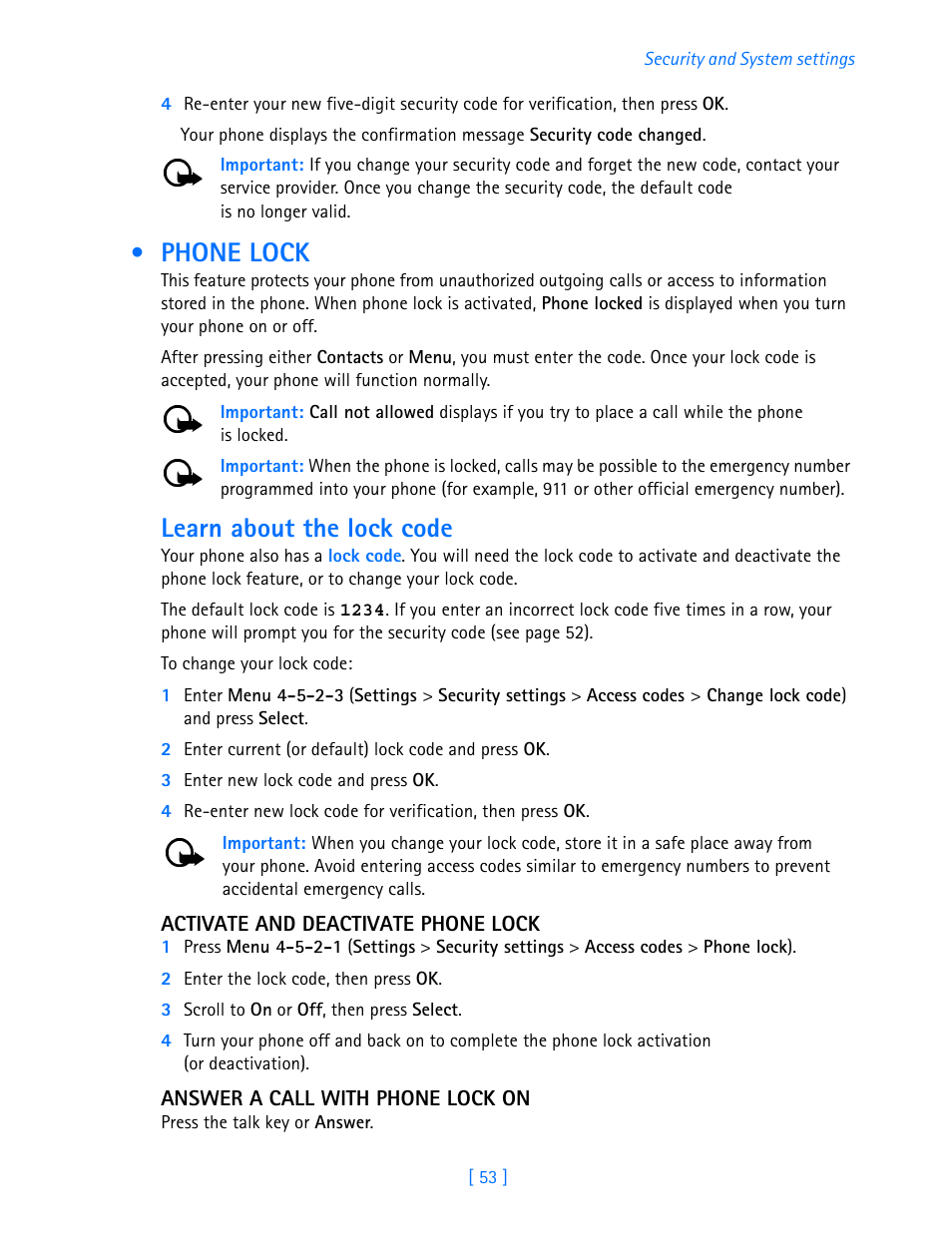 Phone lock, Learn about the lock code | Nokia 3585i User Manual | Page 57 / 97