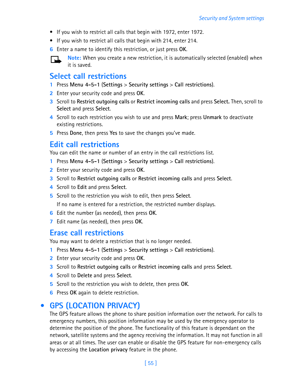 Select call restrictions, Edit call restrictions, Erase call restrictions | Gps (location privacy) | Nokia 3585i User Manual | Page 59 / 97