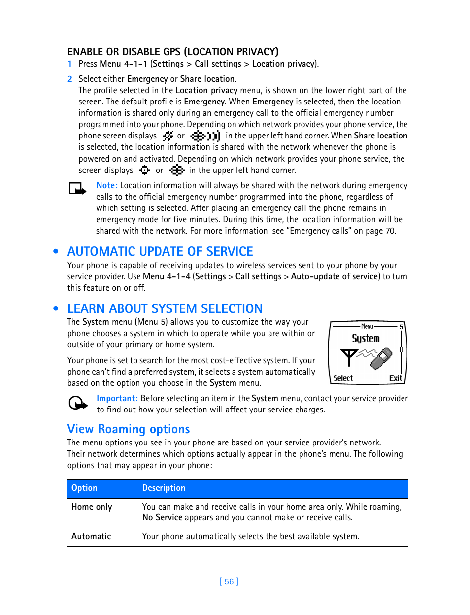 Automatic update of service, Learn about system selection, View roaming options | Nokia 3585i User Manual | Page 60 / 97