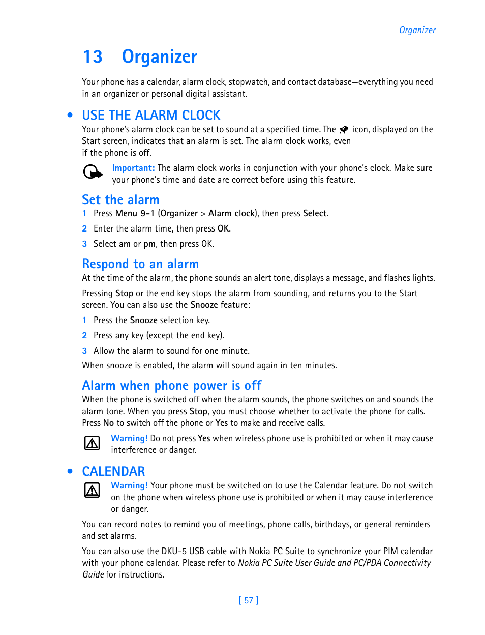 13 organizer, Use the alarm clock, Set the alarm | Respond to an alarm, Alarm when phone power is off, Calendar, Organizer, Use the alarm clock calendar, See “use the alarm clock | Nokia 3585i User Manual | Page 61 / 97