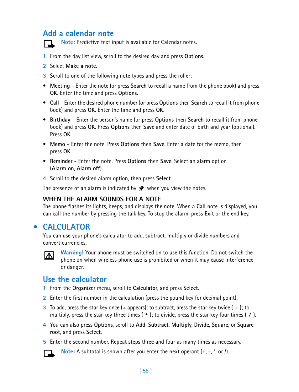 Add a calendar note, Calculator, Use the calculator | Nokia 3585i User Manual | Page 62 / 97