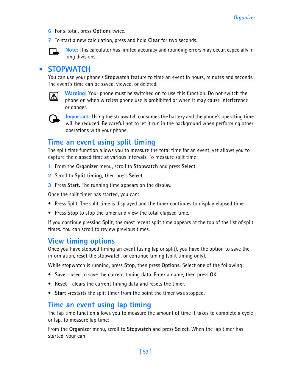 Stopwatch, Time an event using split timing, View timing options | Time an event using lap timing | Nokia 3585i User Manual | Page 63 / 97