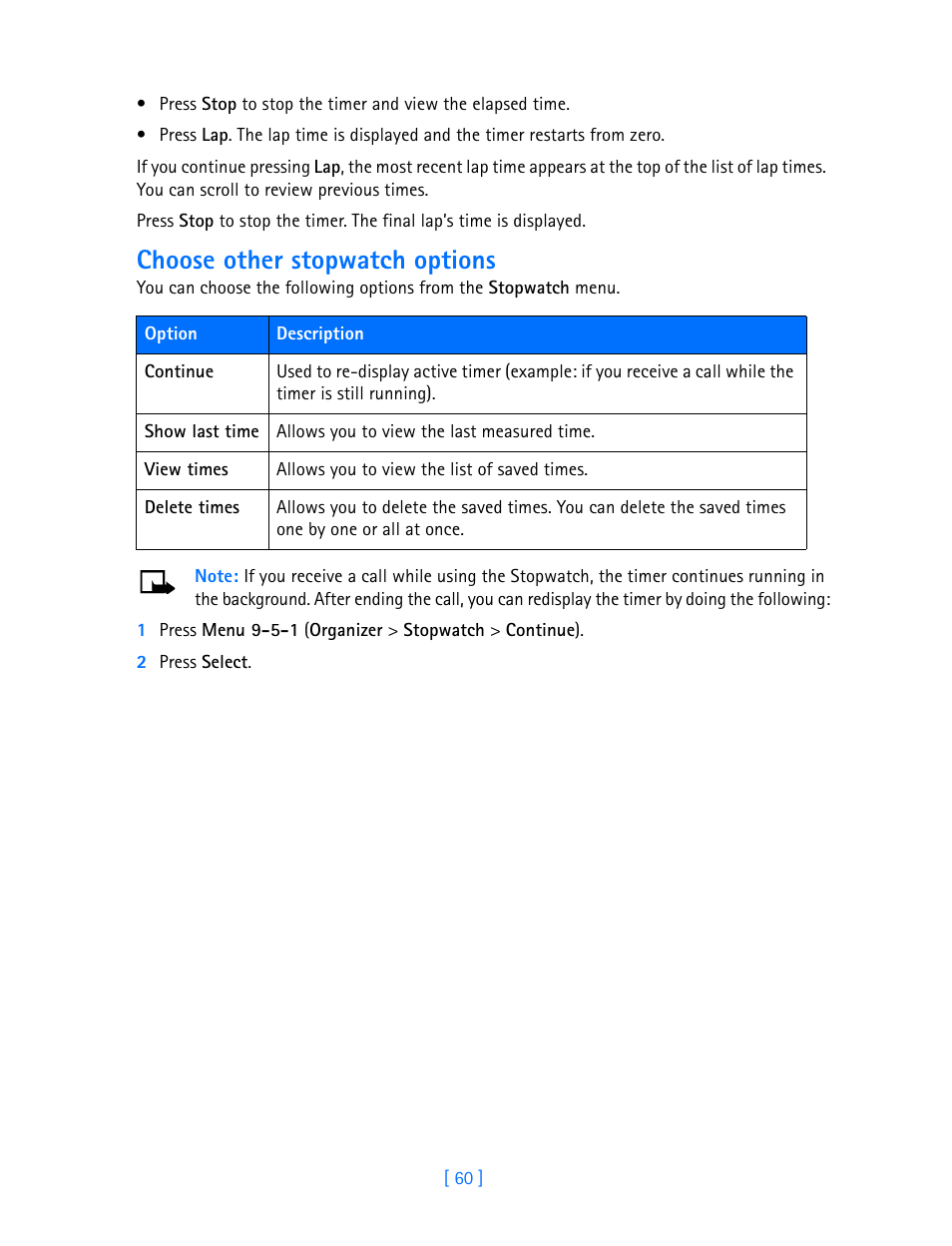 Choose other stopwatch options | Nokia 3585i User Manual | Page 64 / 97