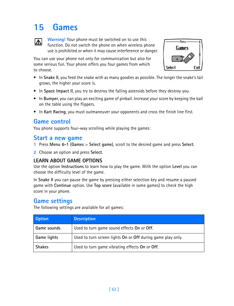 15 games, Game control, Start a new game | Game settings, Games | Nokia 3585i User Manual | Page 66 / 97