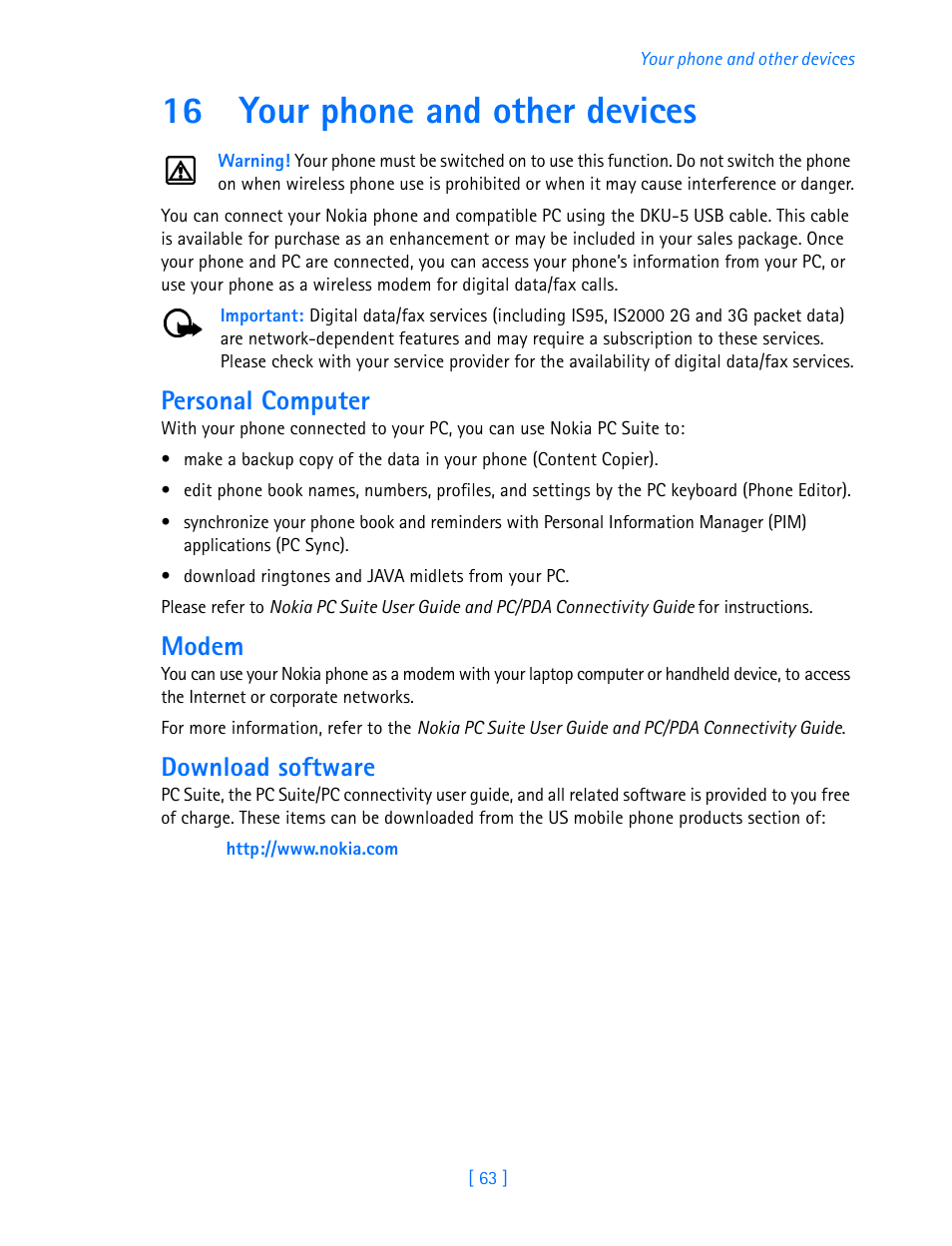 16 your phone and other devices, Personal computer, Modem | Download software, Your phone and other devices . 63 | Nokia 3585i User Manual | Page 67 / 97