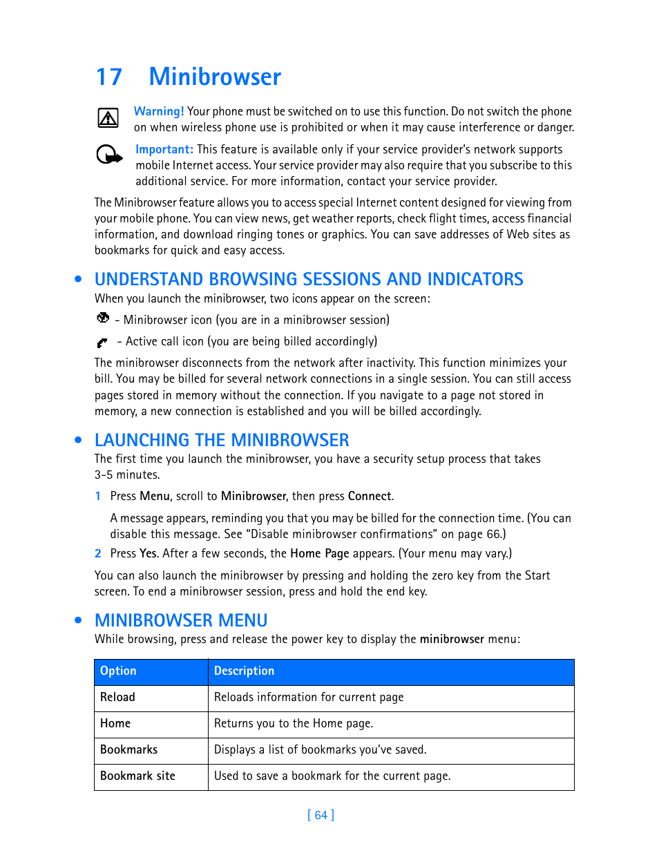 17 minibrowser, Understand browsing sessions and indicators, Launching the minibrowser | Minibrowser menu, Minibrowser, Understand browsing sessions and, Indicators, Launching the minibrowser minibrowser menu | Nokia 3585i User Manual | Page 68 / 97