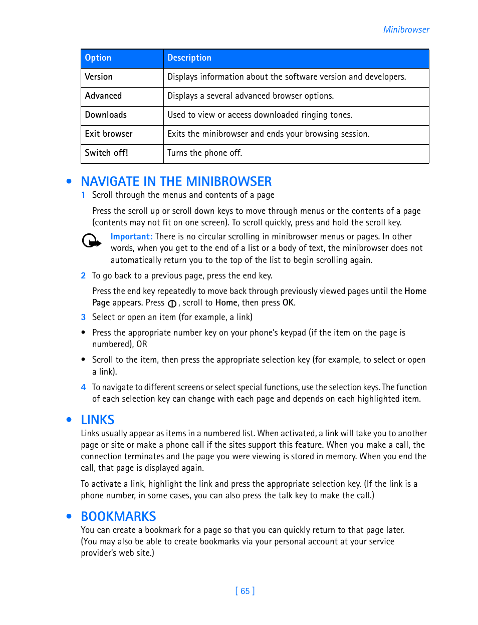 Navigate in the minibrowser, Links, Bookmarks | Navigate in the minibrowser links bookmarks | Nokia 3585i User Manual | Page 69 / 97