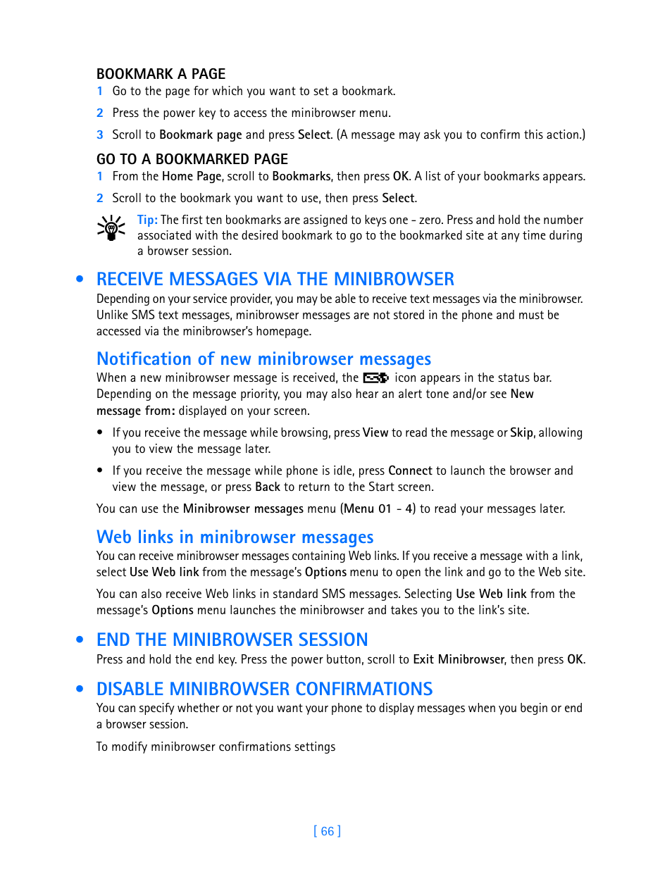 Receive messages via the minibrowser, Notification of new minibrowser messages, Web links in minibrowser messages | End the minibrowser session, Disable minibrowser confirmations | Nokia 3585i User Manual | Page 70 / 97