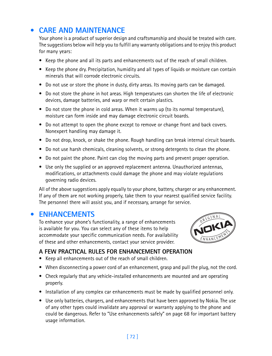 Care and maintenance, Enhancements | Nokia 3585i User Manual | Page 76 / 97