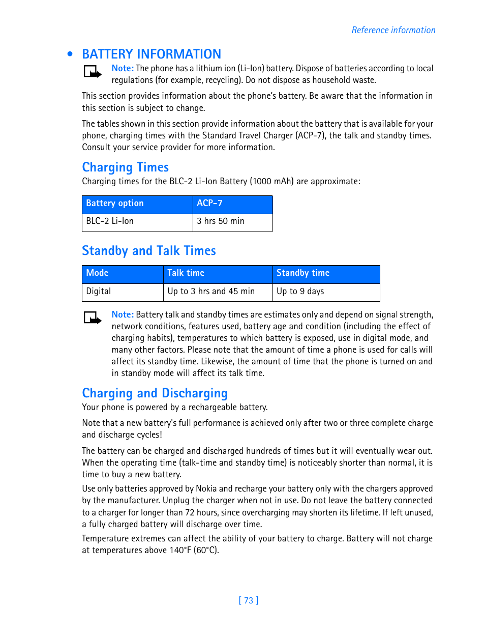 Battery information, Charging times, Standby and talk times | Charging and discharging | Nokia 3585i User Manual | Page 77 / 97