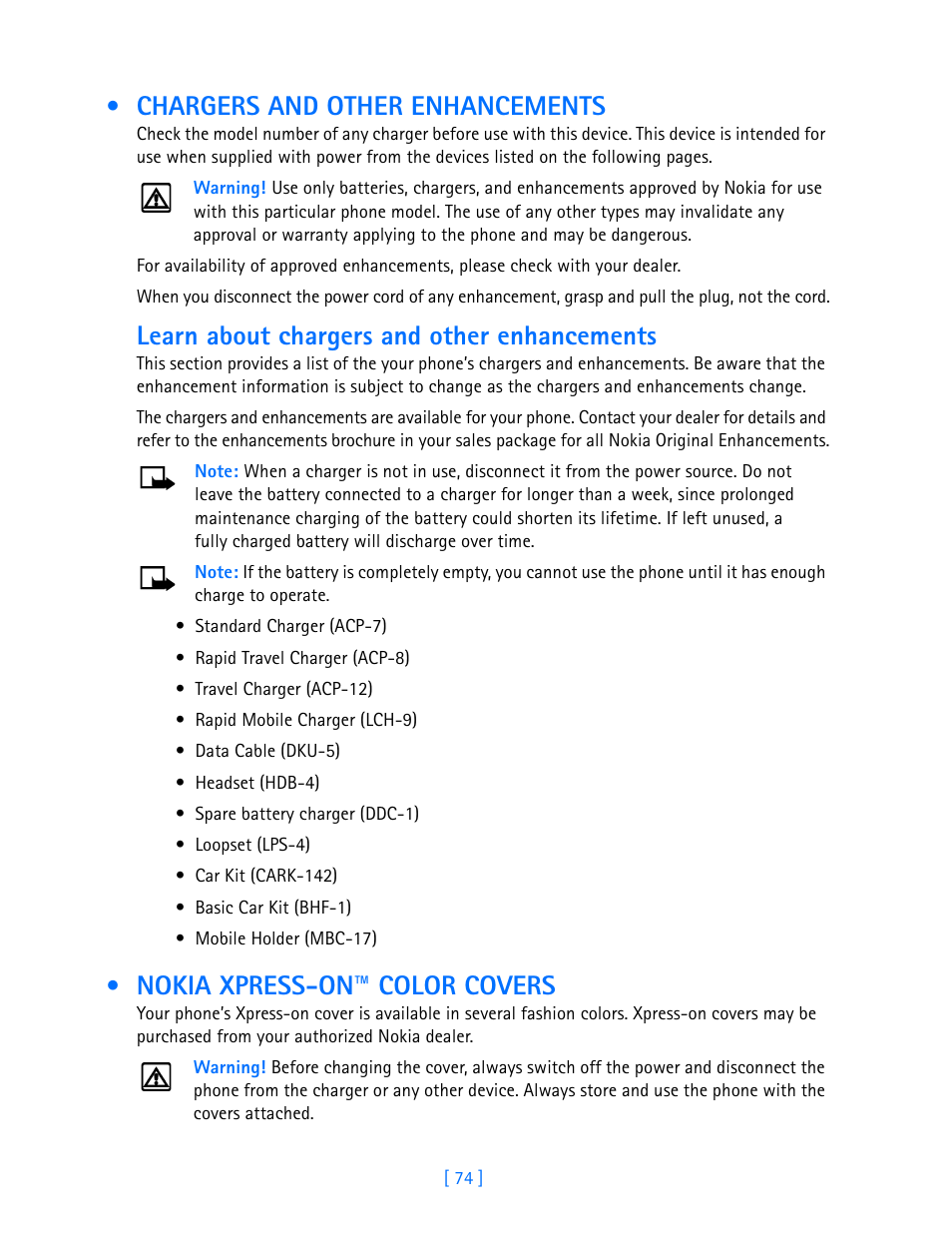 Chargers and other enhancements, Learn about chargers and other enhancements, Nokia xpress-on™ color covers | Nokia 3585i User Manual | Page 78 / 97