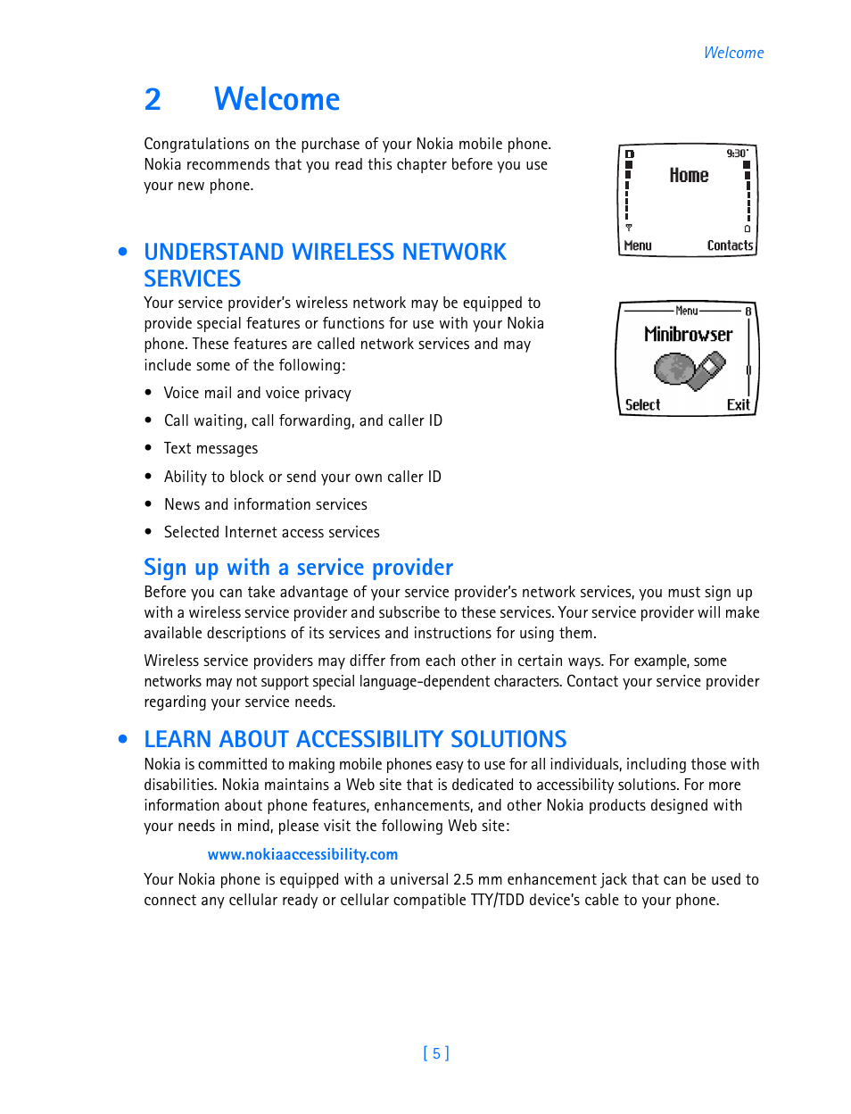 2 welcome, Understand wireless network services, Sign up with a service provider | Learn about accessibility solutions, Welcome, 2welcome | Nokia 3585i User Manual | Page 9 / 97