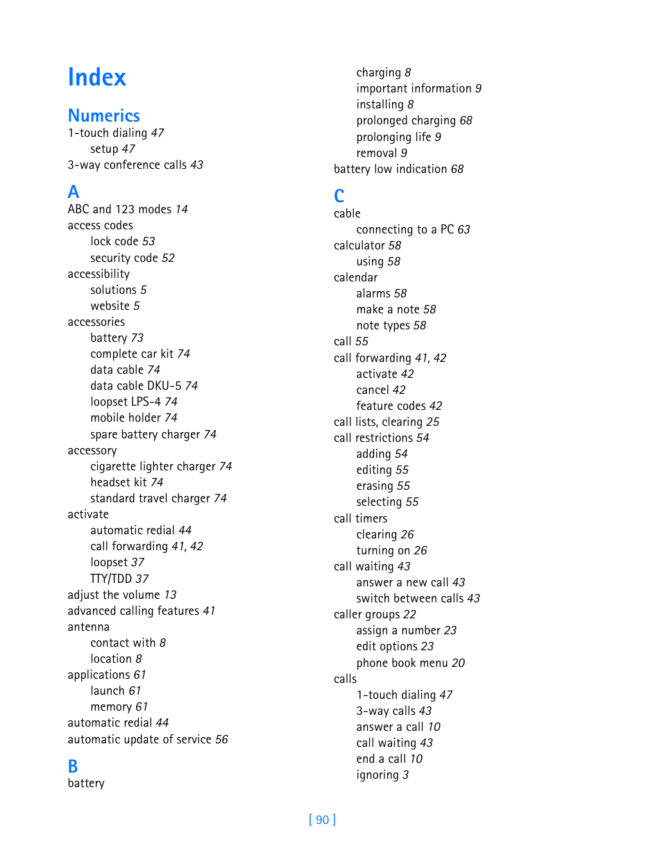 Numerics, Index | Nokia 3585i User Manual | Page 94 / 97