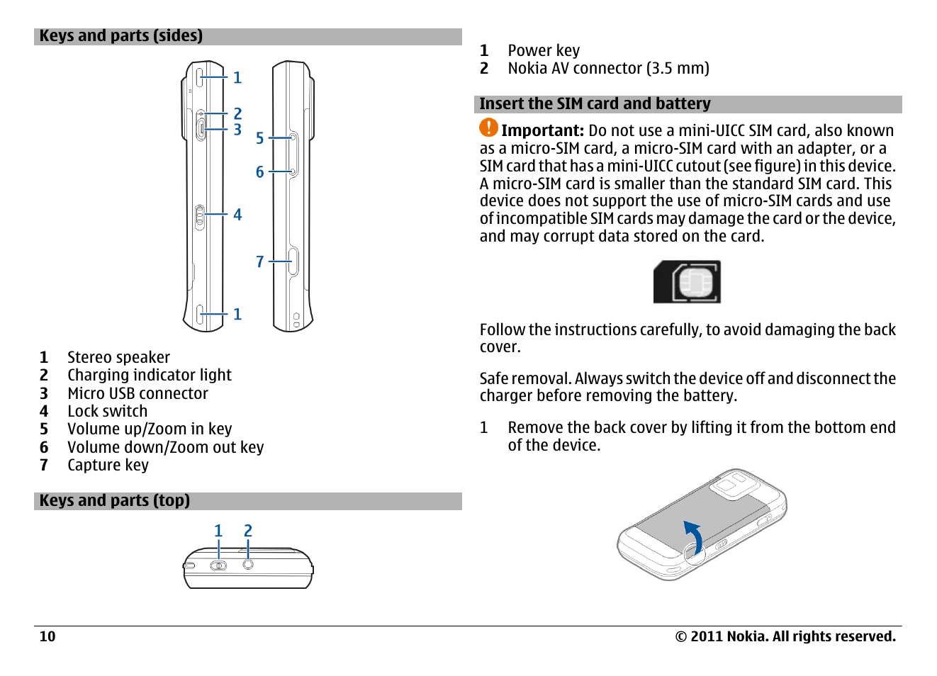 Keys and parts (sides), Keys and parts (top), Insert the sim card and battery | Nokia N97 User Manual | Page 10 / 130