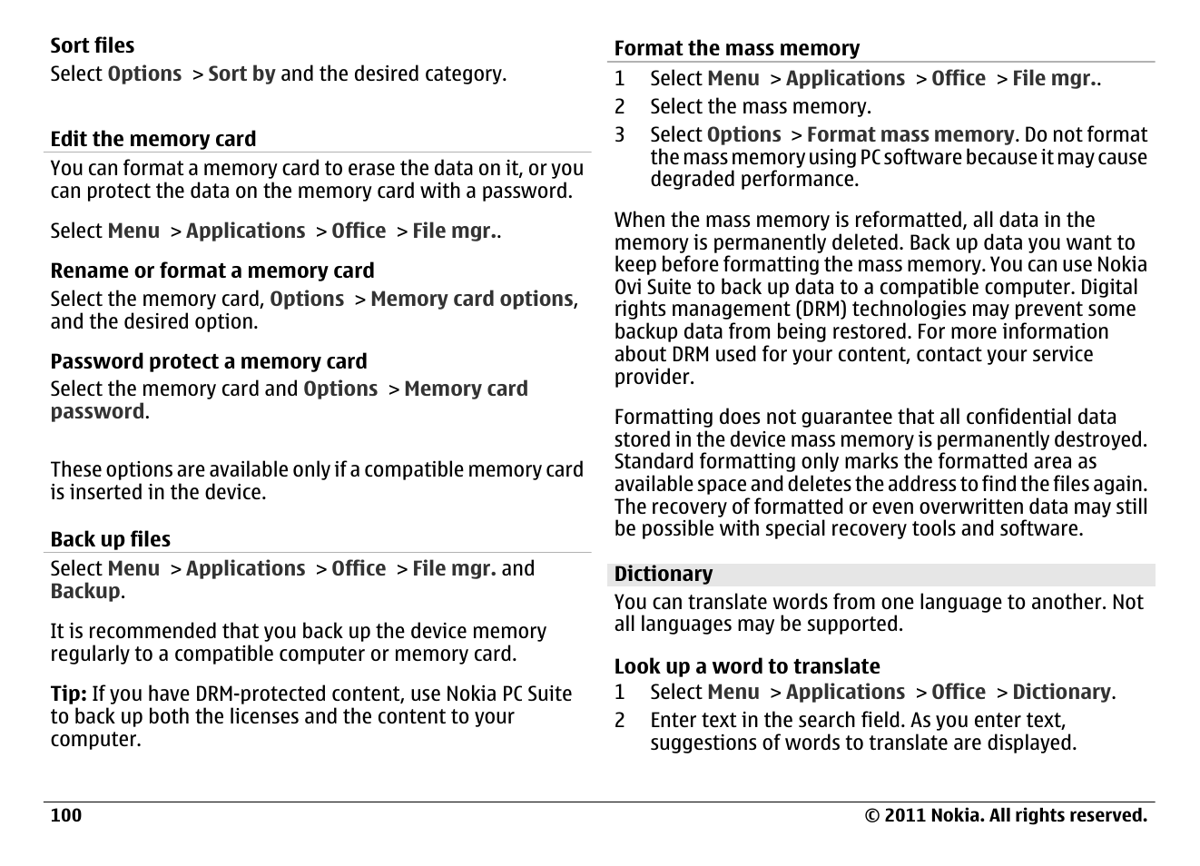 Edit the memory card, Back up files, Format the mass memory | Dictionary | Nokia N97 User Manual | Page 100 / 130