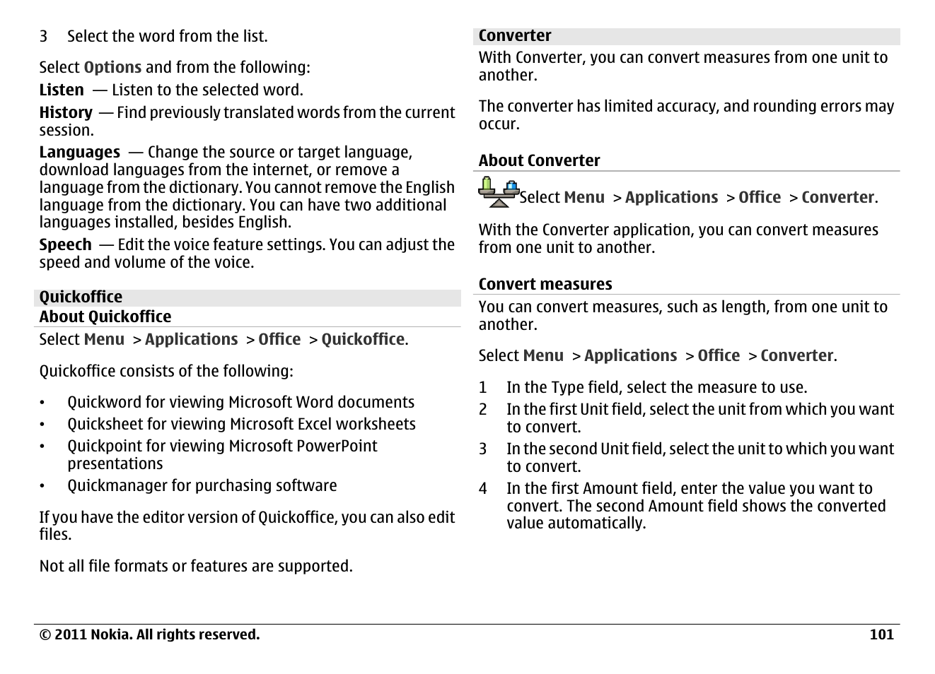 Quickoffice, About quickoffice, Converter | About converter, Convert measures | Nokia N97 User Manual | Page 101 / 130