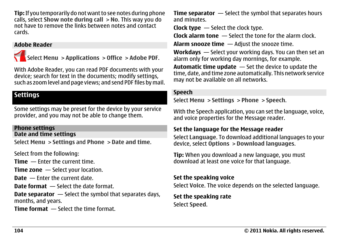 Adobe reader, Settings, Phone settings | Date and time settings, Speech | Nokia N97 User Manual | Page 104 / 130